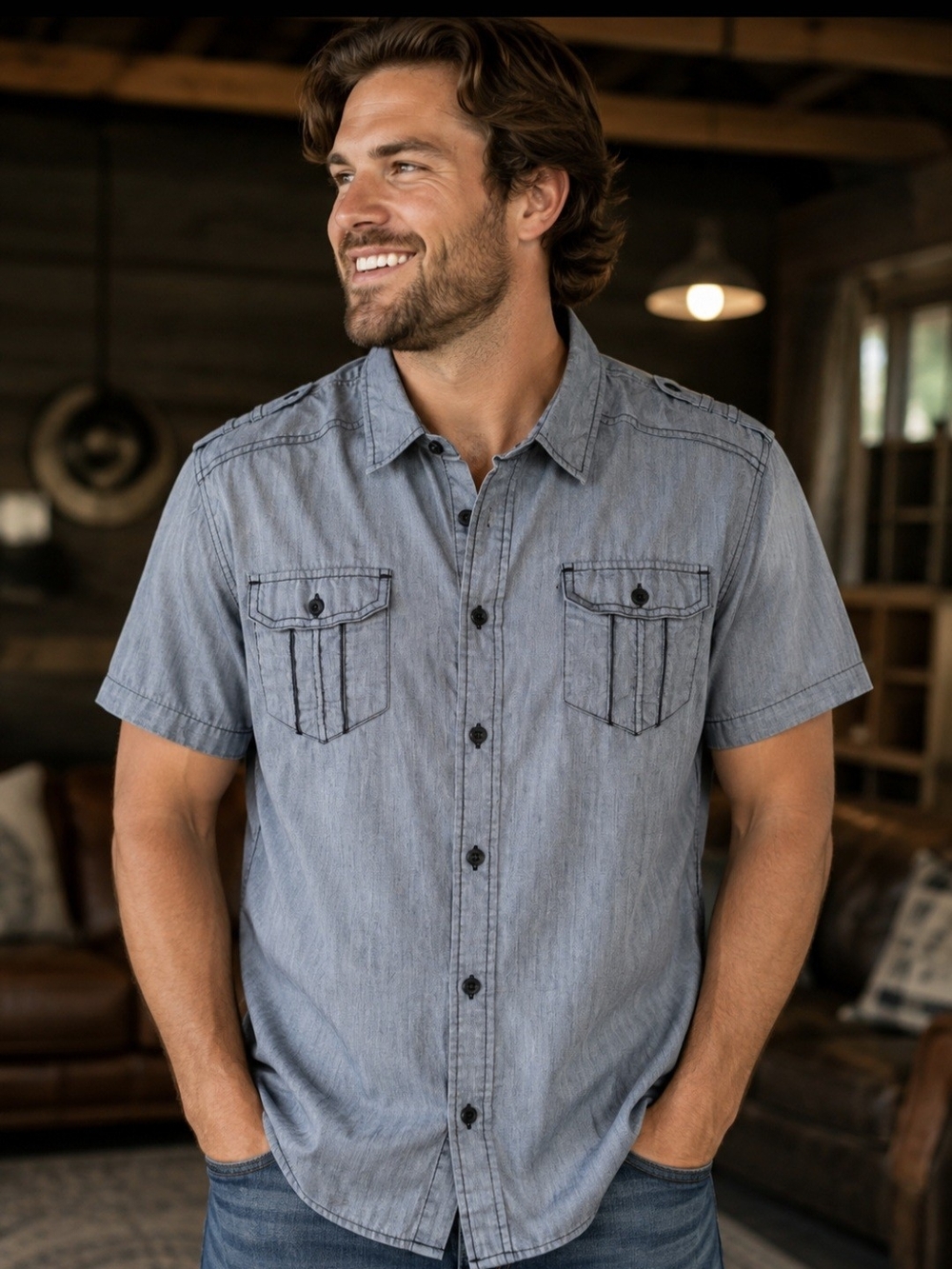 Helix Light Blue Short Sleeve Casual Button-Down Shirt